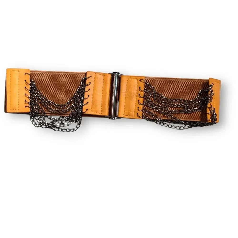 Vintage Y2K Tan Leather Layered Chain Belt Festival Statement Edgy Accessory